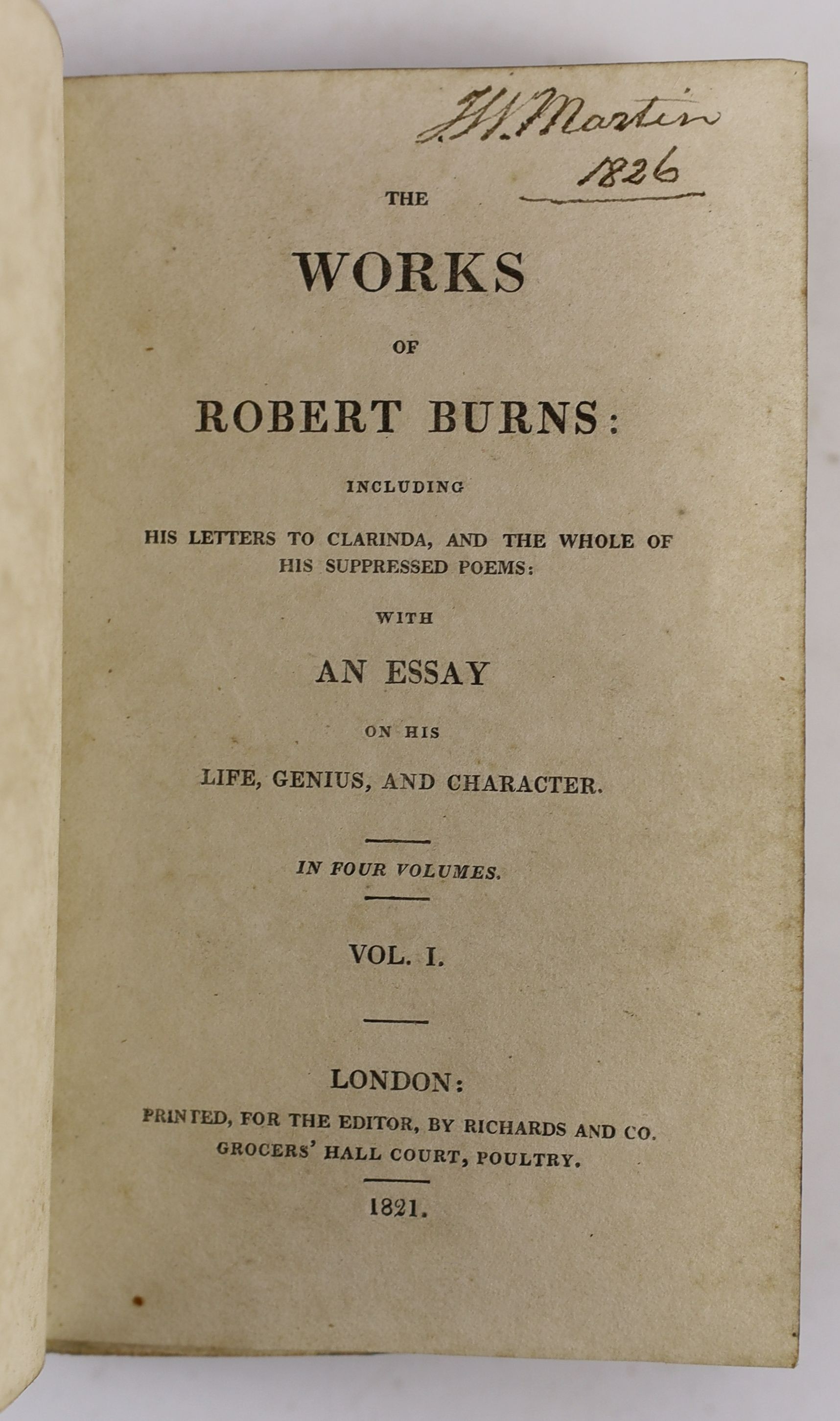 Burns, Robert - The Works, 4 vols, 12mo, contemporary straight-grained morocco, lacking portrait, Richards and Co., London, 1821
